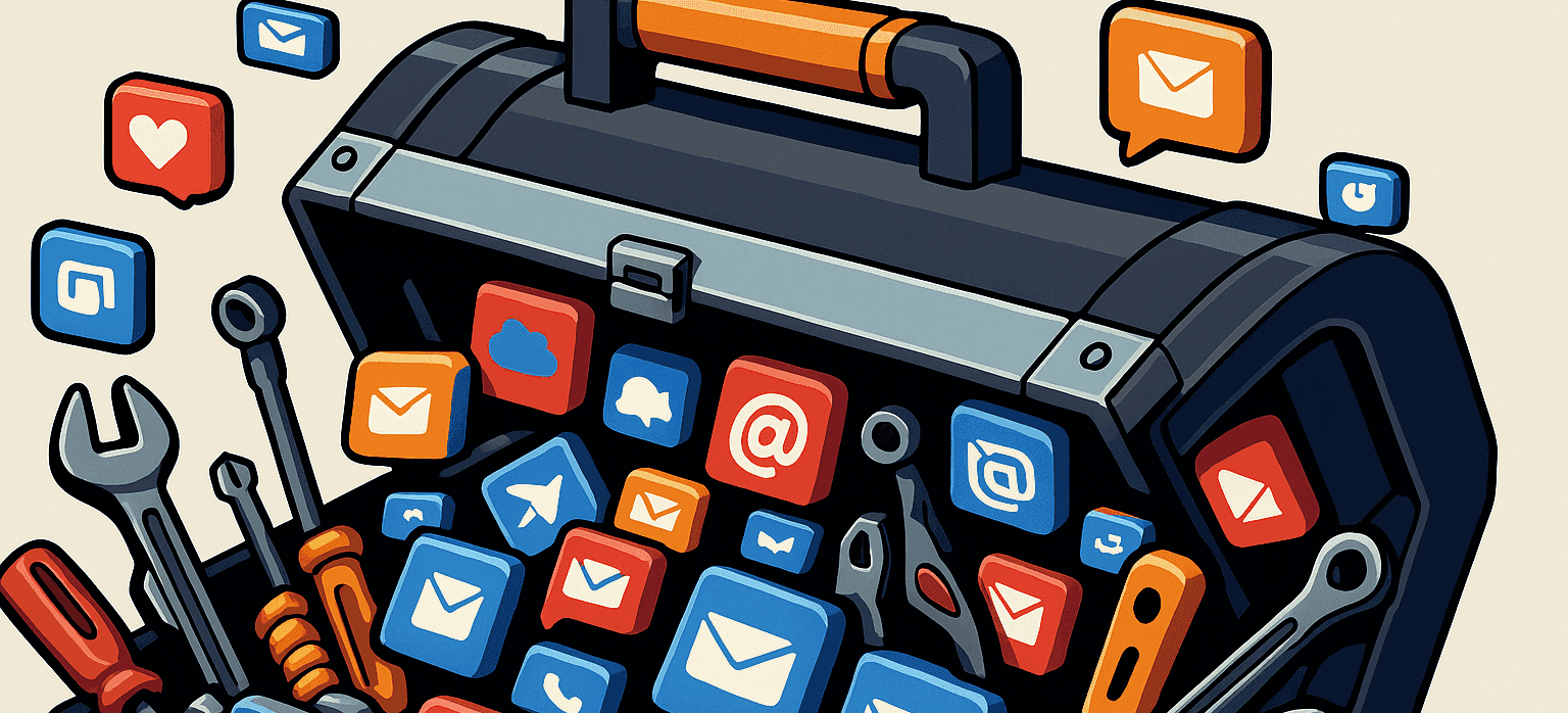 Ilustración de una caja de herramientas llena de íconos de correo electrónico y redes sociales, representando el email marketing como herramienta fundamental en estrategias digitales.