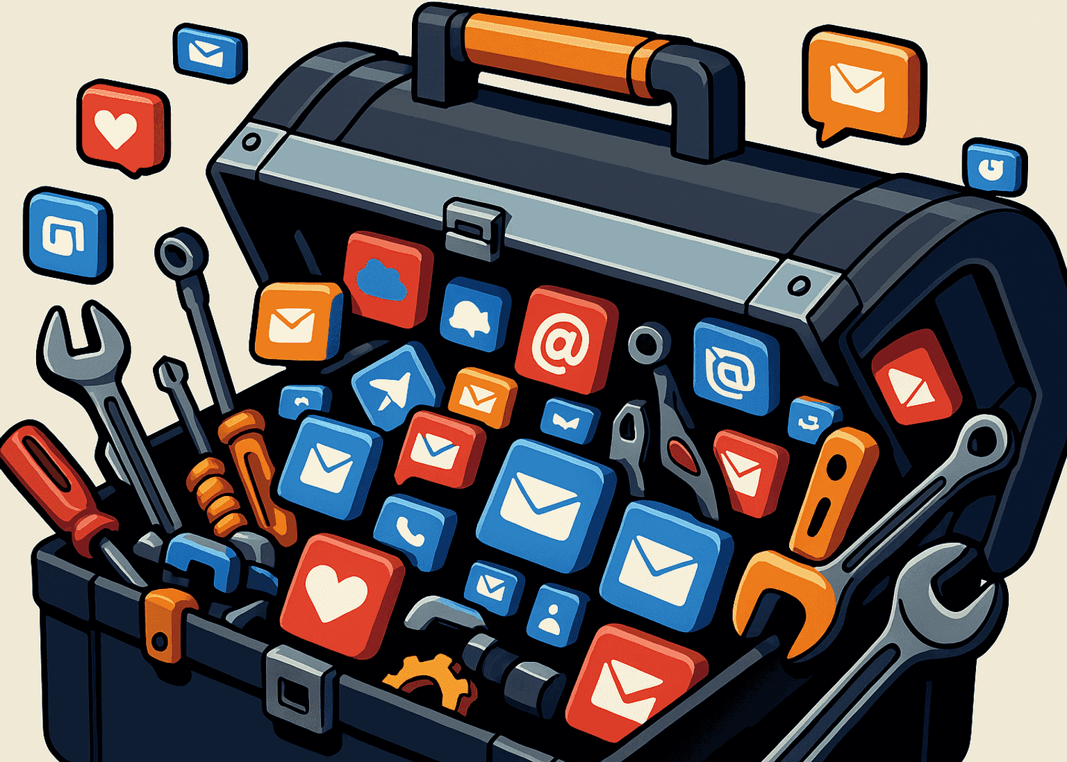 Ilustración de una caja de herramientas llena de íconos de correo electrónico y redes sociales, representando el email marketing como herramienta fundamental en estrategias digitales.