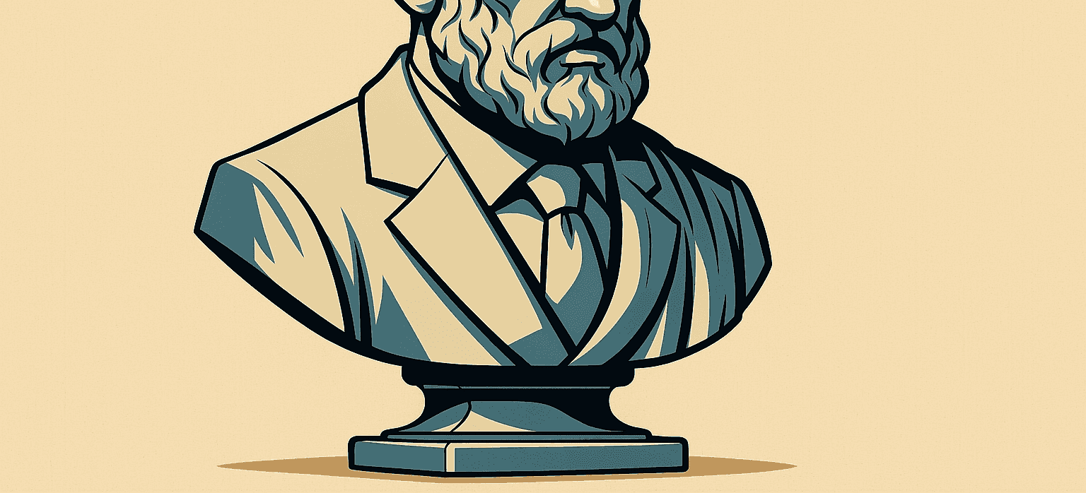 Ilustración de un busto clásico de un hombre con expresión firme y barba, simbolizando fuerza, carácter y resiliencia emprendedora.