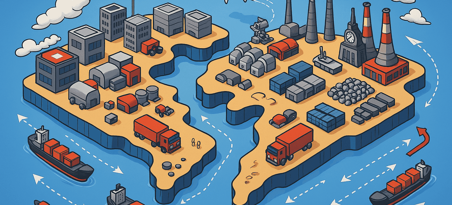 Ilustración de cadenas de suministro globales con barcos, camiones, fábricas y almacenes conectando dos regiones, representando el impacto del nearshoring.