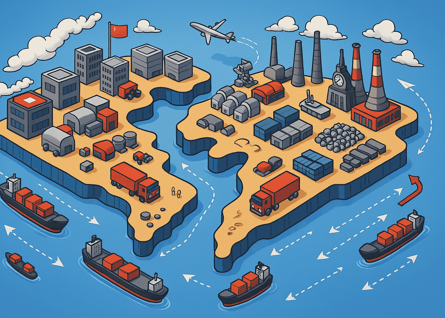 Ilustración de cadenas de suministro globales con barcos, camiones, fábricas y almacenes conectando dos regiones, representando el impacto del nearshoring.