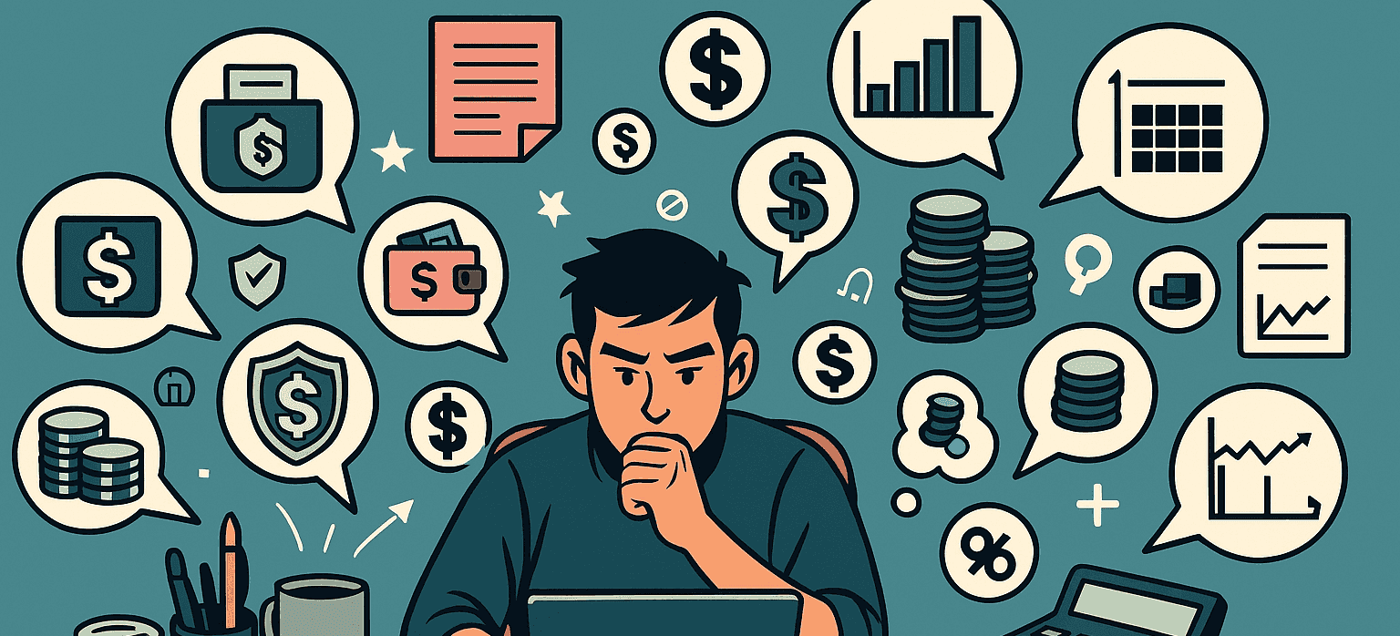 Persona concentrada frente a una laptop rodeada de iconos financieros como monedas, gráficas, calendario y porcentajes, simbolizando la planificación de hábitos financieros.