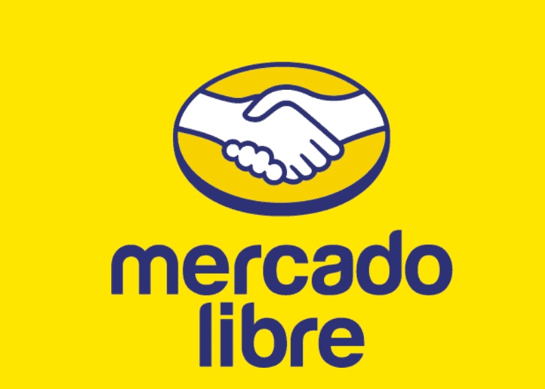 Logotipo de Mercado Libre con fondo amarillo y manos estrechadas en el centro.