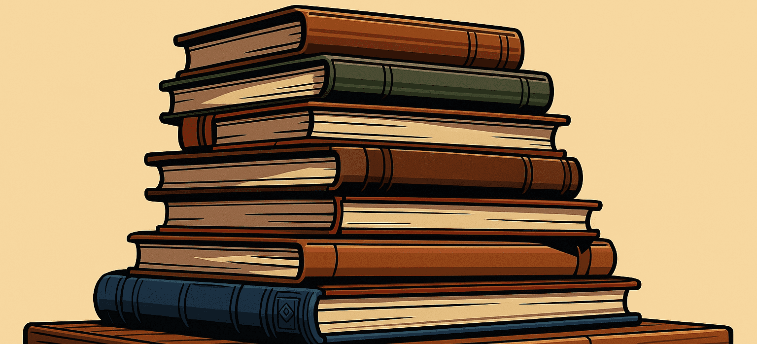 Ilustración de una pila de libros sobre una mesa de madera, simbolizando conocimientos clave para emprendedores y empresarios.