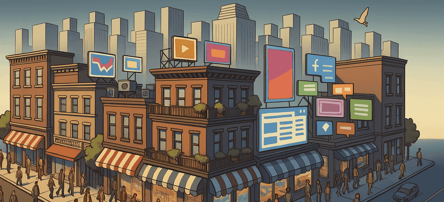 Ilustración de una ciudad con tiendas físicas rodeadas de letreros digitales de redes sociales y plataformas de marketing, representando la integración entre marketing online y offline.
