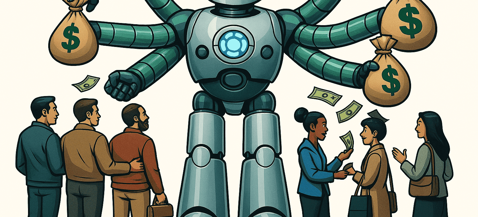 Robot automatizado entregando dinero a proveedores en fila, simbolizando la eficiencia en pagos empresariales.