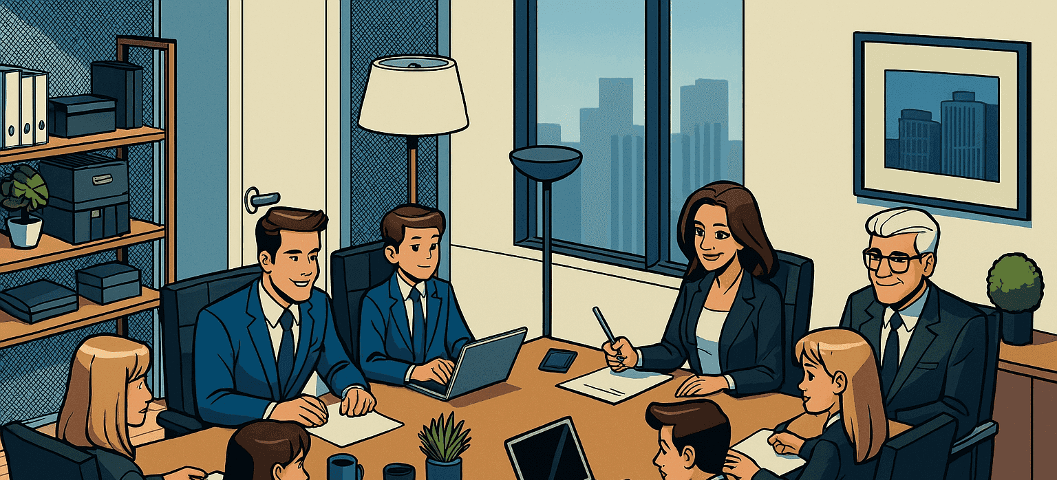 Reunión profesional con varias personas en traje dentro de una sala de juntas, simbolizando la gestión formal y estructurada de un negocio familiar.
