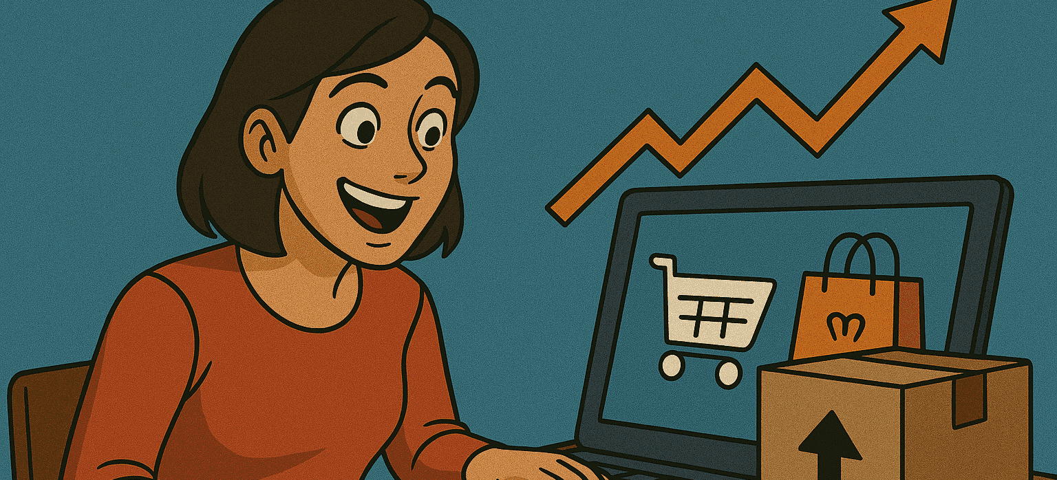 Mujer feliz usando su computadora para vender productos en línea, con iconos de carrito de compras, bolsa de compras y caja de envío, y una flecha de crecimiento.