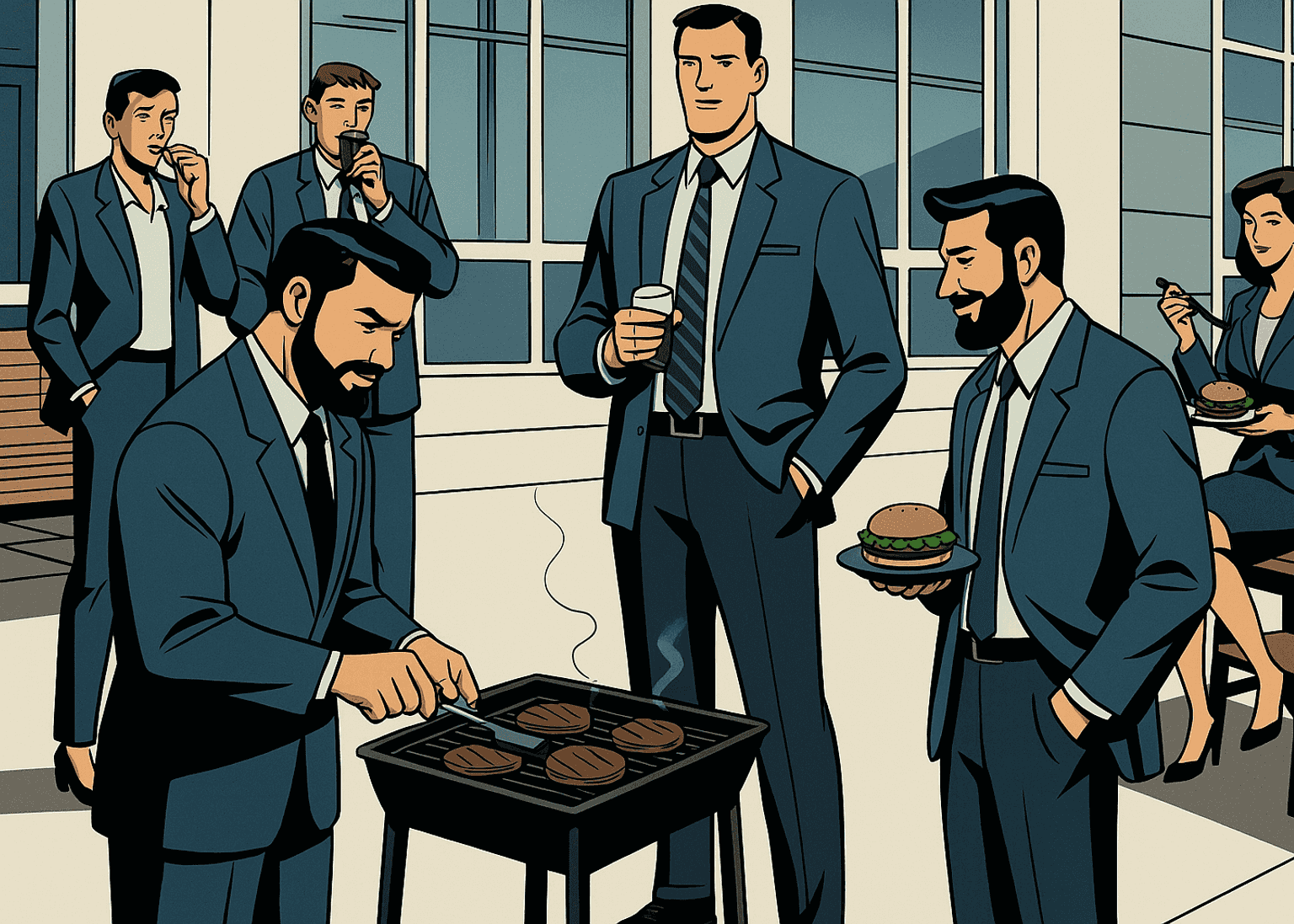 Profesionales en traje compartiendo una parrillada y conversando de forma informal, representando relaciones interpersonales en el entorno laboral.