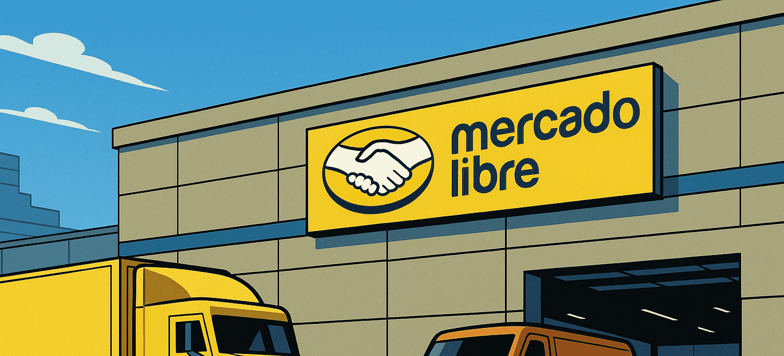Centro logístico de MercadoLibre en México con camiones de reparto y trabajadores moviendo paquetes.