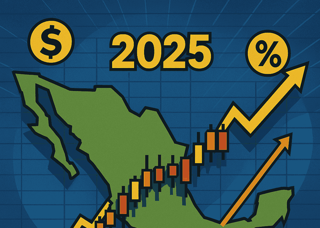 Mapa de México con indicadores financieros al alza y proyecciones económicas para 2025.