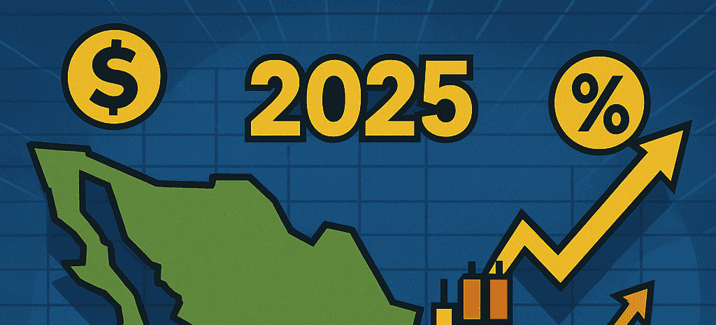 Mapa de México con indicadores financieros al alza y proyecciones económicas para 2025.