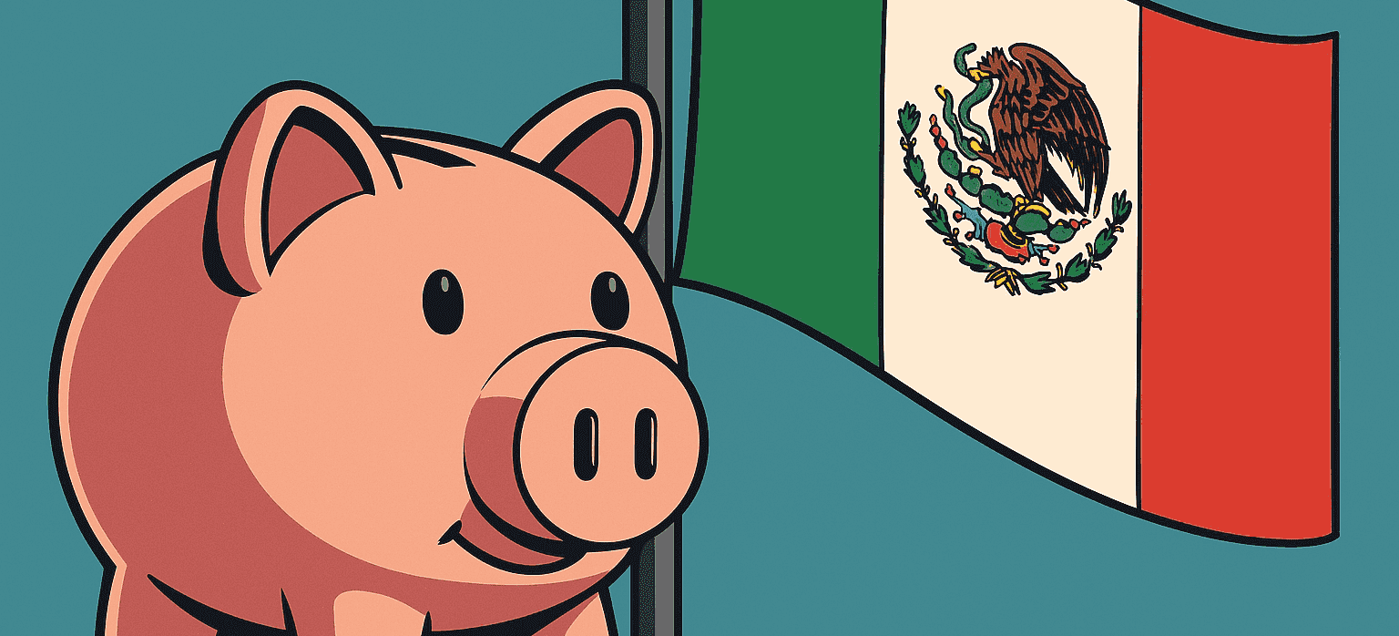 Ilustración de una alcancía en forma de cerdito junto a la bandera de México, representando el ahorro e inversión en el país.