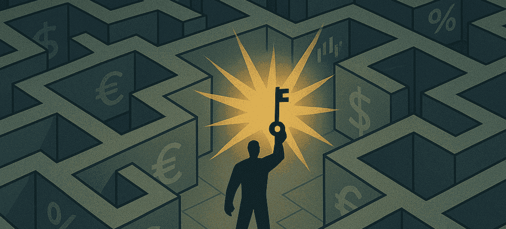 Persona en un laberinto financiero sosteniendo una llave brillante como símbolo de solución ante condiciones económicas inciertas.