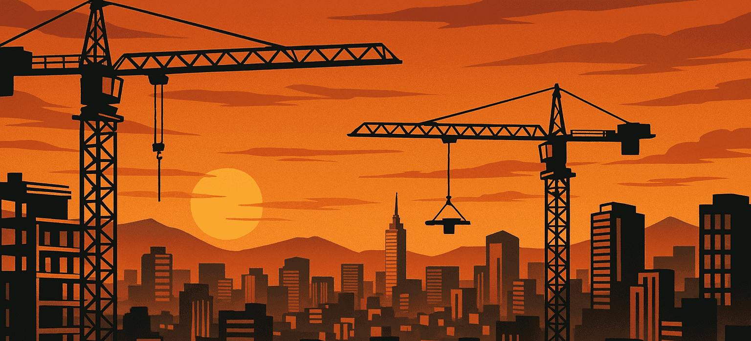 Panorama urbano de Ciudad de México al atardecer con grúas de construcción simbolizando nuevas inversiones públicas.