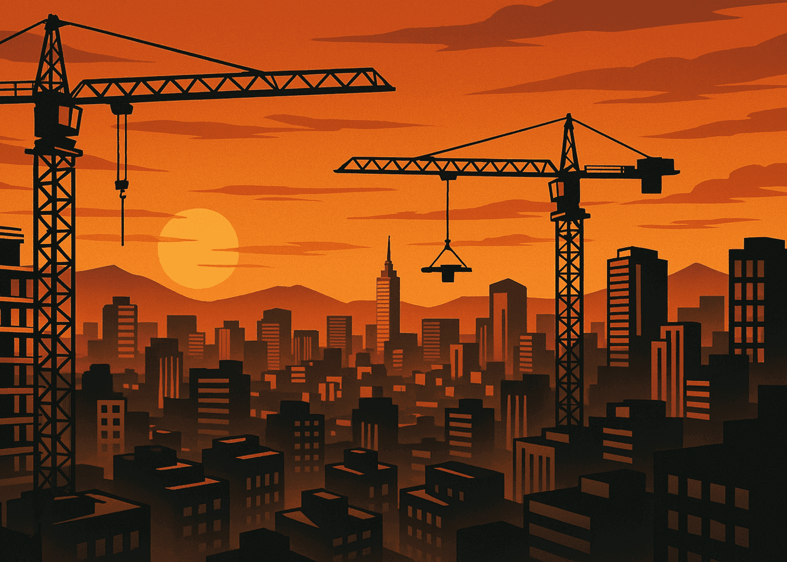 Panorama urbano de Ciudad de México al atardecer con grúas de construcción simbolizando nuevas inversiones públicas.
