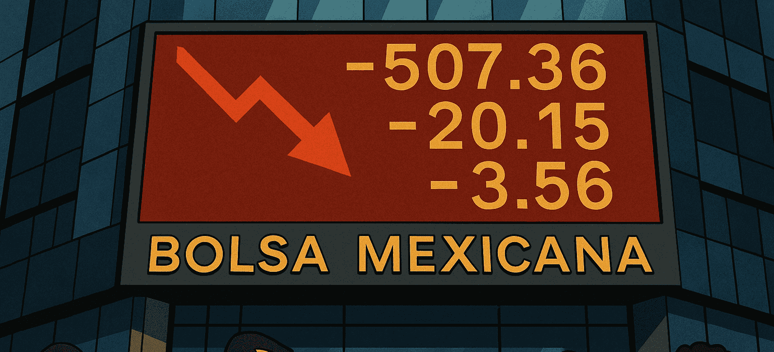 Personas caminando frente a la Bolsa Mexicana de Valores con una pantalla que muestra una fuerte caída en el mercado