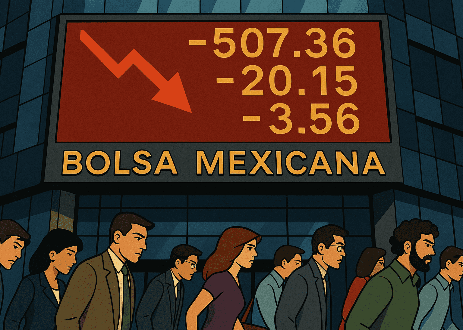 Personas caminando frente a la Bolsa Mexicana de Valores con una pantalla que muestra una fuerte caída en el mercado