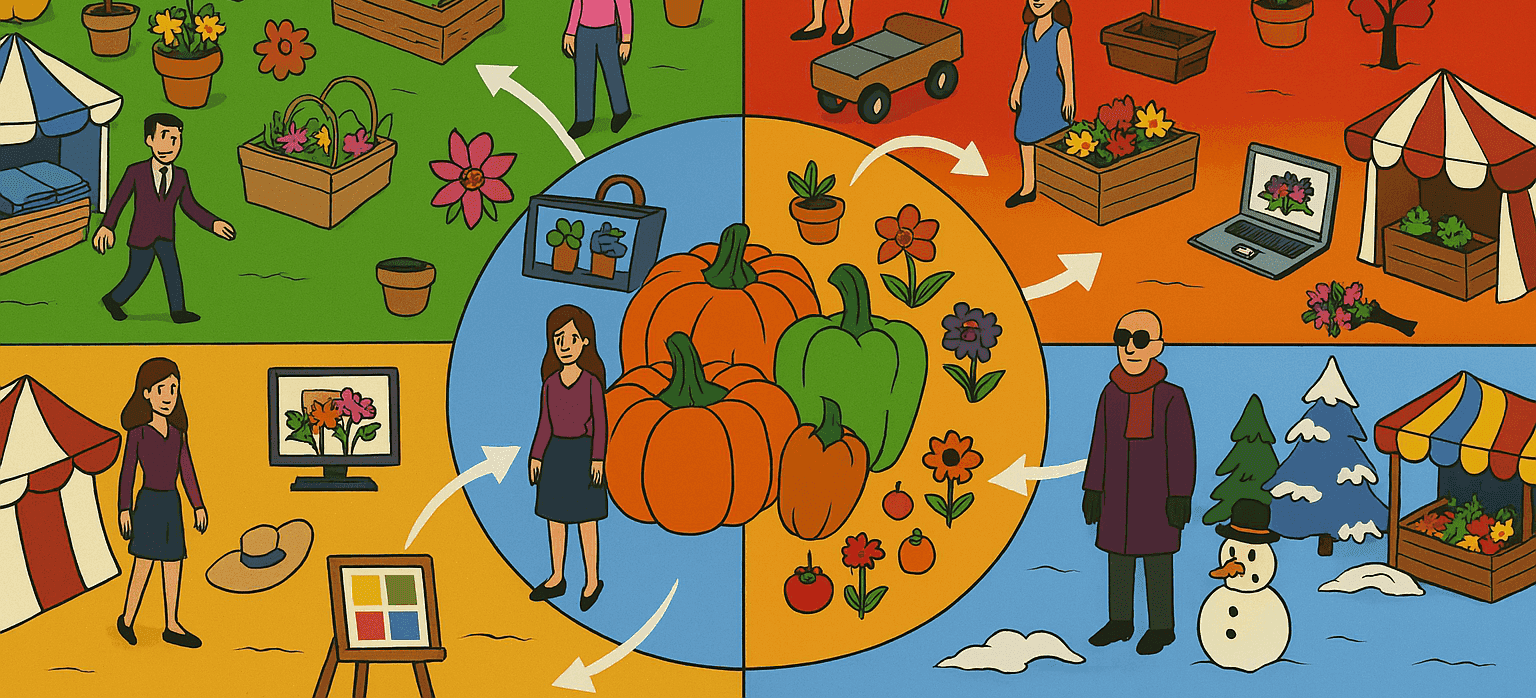Ilustración del ciclo de las estaciones con personas, productos y mercados cambiando según primavera, verano, otoño e invierno, representando el marketing estacional.