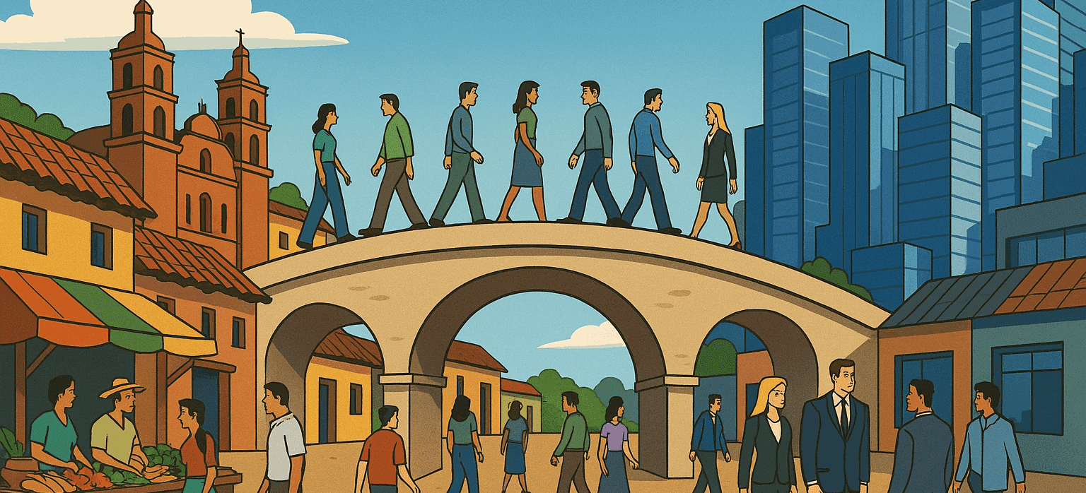 Ilustración de personas cruzando un puente que conecta un pueblo tradicional mexicano con una ciudad moderna, representando la conexión entre la cultura local y el mundo empresarial.