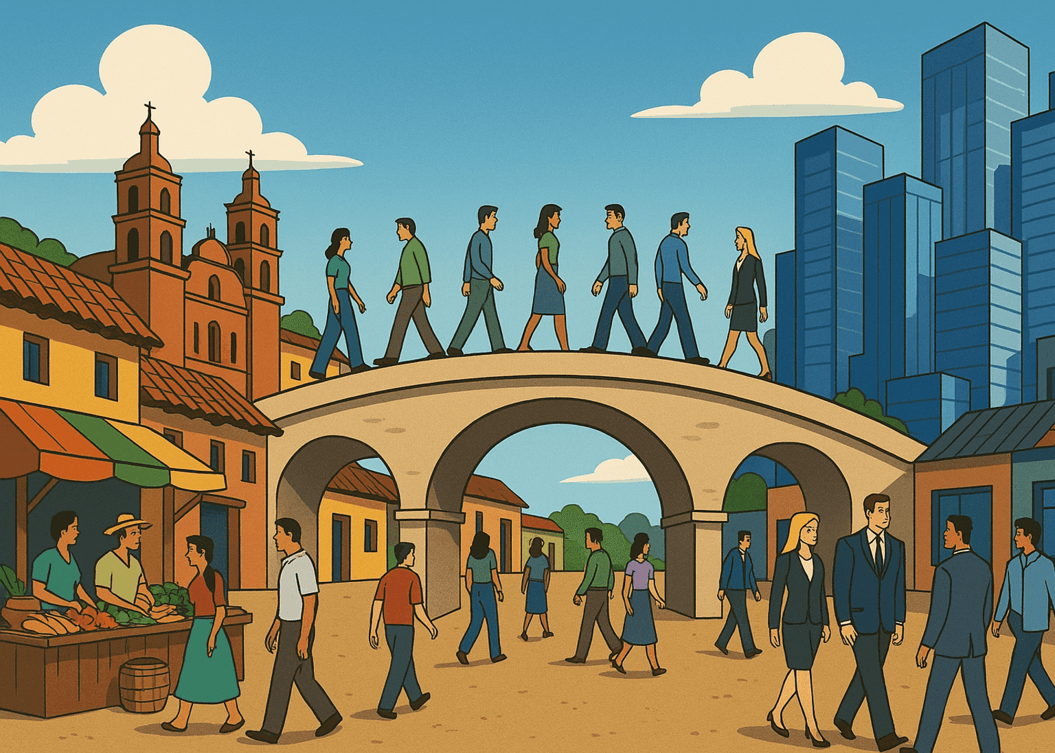 Ilustración de personas cruzando un puente que conecta un pueblo tradicional mexicano con una ciudad moderna, representando la conexión entre la cultura local y el mundo empresarial.