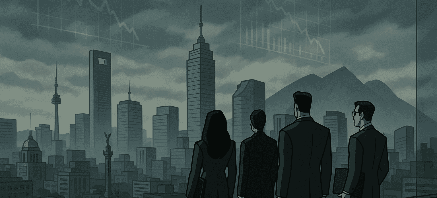 Ilustración de empresarios observando una ciudad gris con gráficos de caída en el cielo, representando el impacto de la incertidumbre política en el entorno empresarial de México.