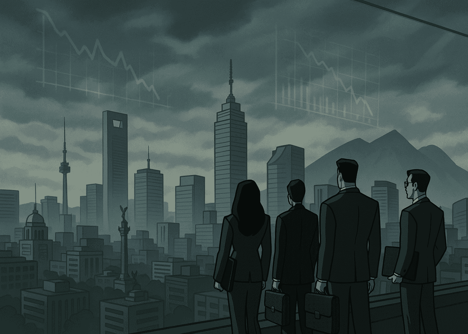 Ilustración de empresarios observando una ciudad gris con gráficos de caída en el cielo, representando el impacto de la incertidumbre política en el entorno empresarial de México.